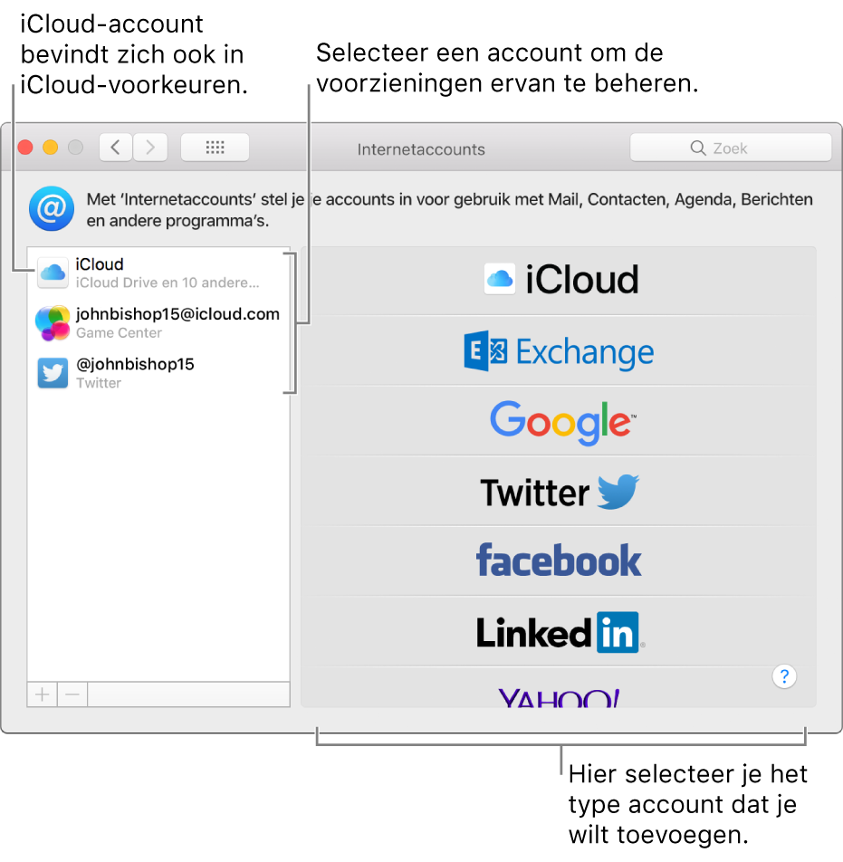 Het paneel 'Internetaccounts' in Systeemvoorkeuren, met iCloud- en Twitter-accounts aan de rechterkant en beschikbare accounttypen aan de linkerkant.