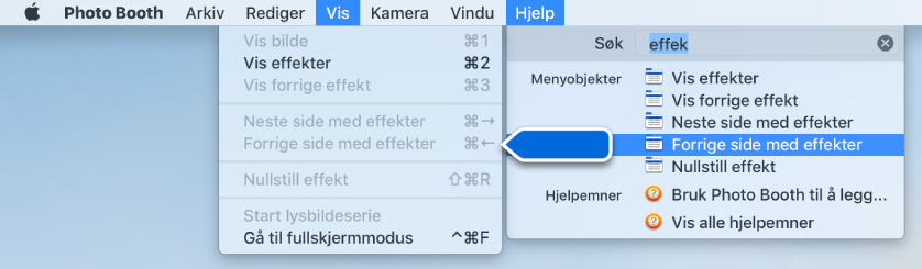 Hjelp-menyen for Photo Booth med et søkeresultat for et menyobjekt markert og en pil som peker på objektet i programmenyene.