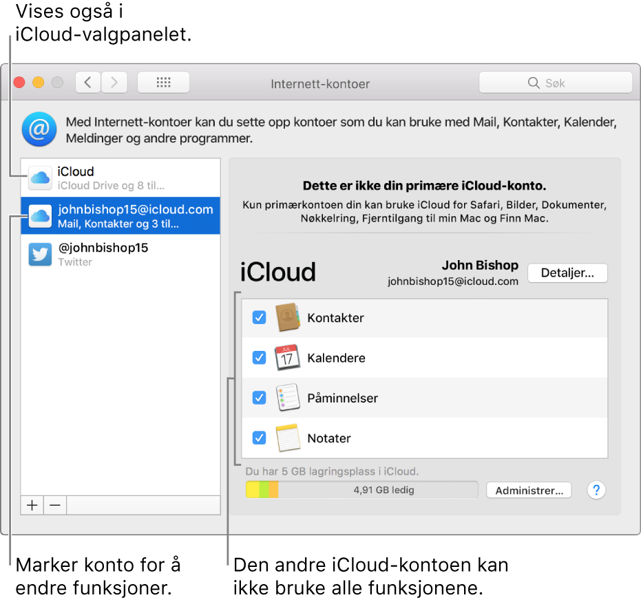 Internett-kontoer-valgpanelet som viser to iCloud-kontoer. Den andre kontoen, markert i listen til venstre, viser at kun noen av funksjonene er tilgjengelige.