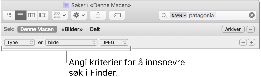 Et Finder-vindu med felt for å spesifisere søkekriterier.