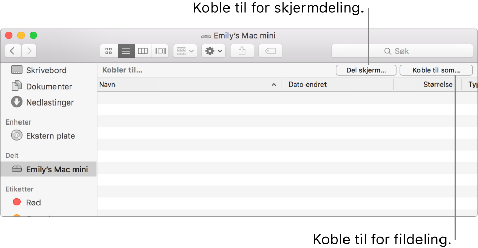 Delt-delen av Finder-sidepanelet med en Mac markert.