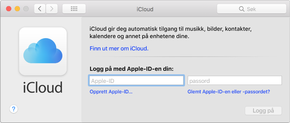 iCloud-valgpanelet, klart for innskriving av et Apple-ID-navn og -passord.