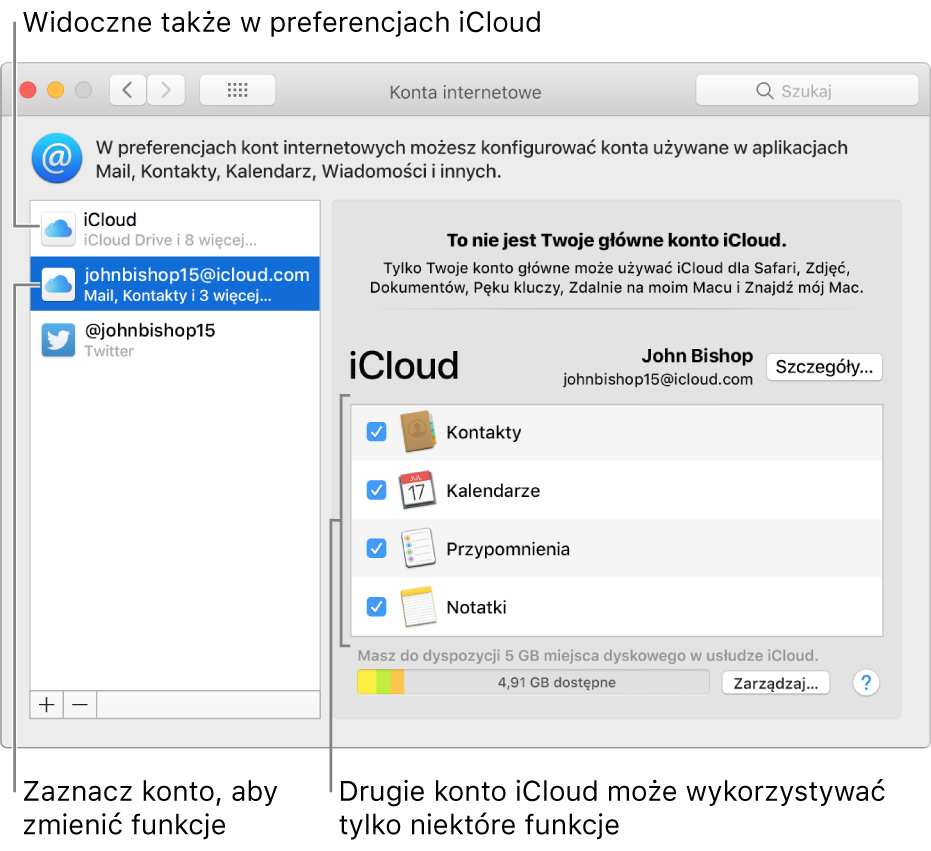 Panel preferencji kont internetowych, wyświetlający dwa konta iCloud. Na liście po lewej zaznaczone jest drugie konto iCloud. Widać, że dostępne są na nim tylko niektóre funkcje.