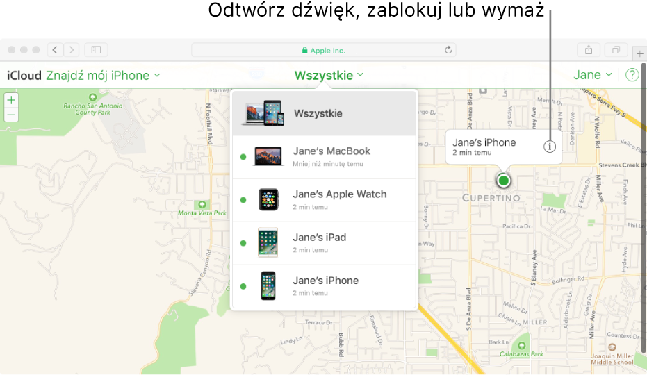 Witryna iCloud.com z mapą w aplikacji Znajdź mój iPhone, pokazującą położenie Maca.