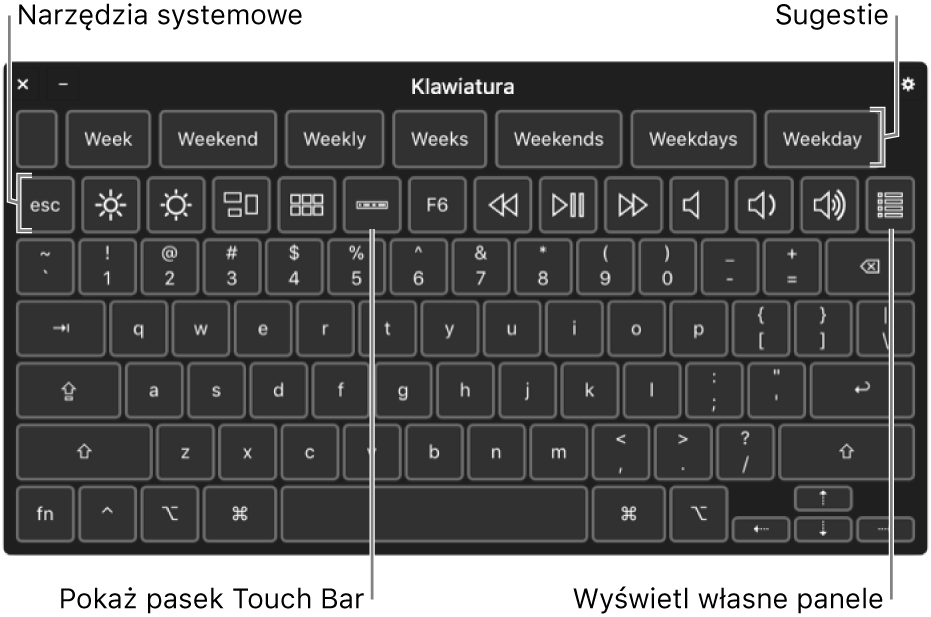 Klawiatura dostępności z sugestiami wyświetlanymi na górze. Niżej widoczny jest wiersz przycisków narzędzi systemowych, pozwalających na wykonywanie takich czynności, jak regulowanie jasności, pokazywanie paska Touch Bar na ekranie oraz wyświetlanie własnych paneli.