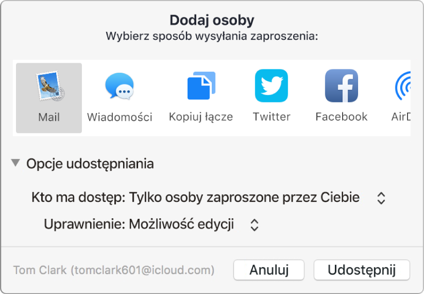 Okno dodawania osób, zawierające aplikacje przy użyciu których można wysyłać zaproszenia, a także opcje dotyczące udostępniania dokumentów.