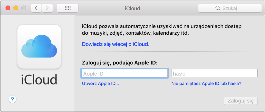 Preferencje iCloud, w których można wprowadzić Apple ID oraz hasło.