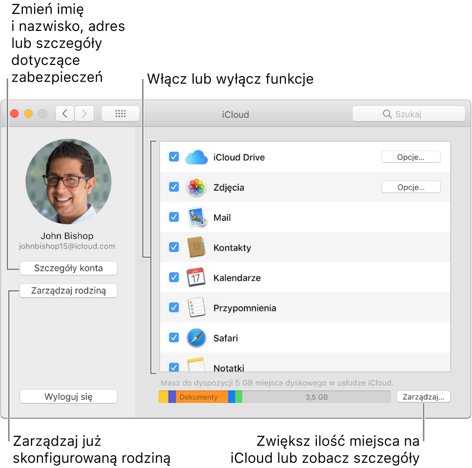 Preferencje iCloud z zaznaczonymi wszystkimi funkcjami.