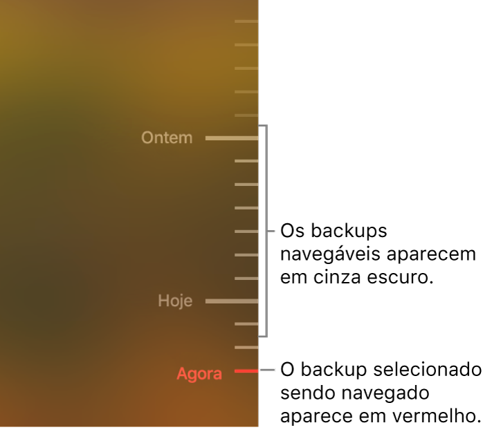 Marcas cinza na linha do tempo de backups. A marca vermelha indica o backup em que você está navegando.