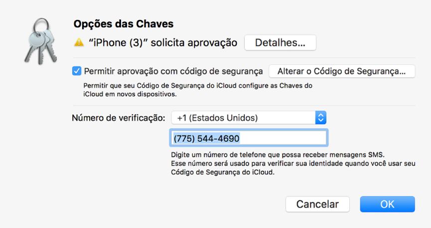 Diálogo de Opções das Chaves do iCloud com nome do dispositivo solicitando aprovação e botão Detalhes ao lado.