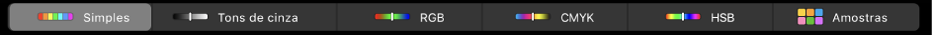 A Touch Bar mostrando modelos de cor, da esquerda para a direita: Simples, Tons de Cinza, RGB, CMYK e HSB. Na extremidade direita encontra-se o botão Amostras.