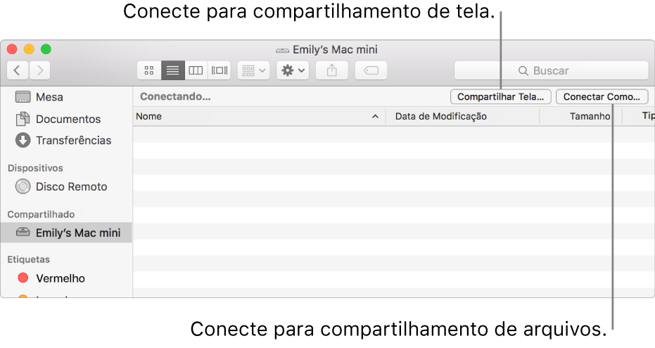 A seção Compartilhado na barra lateral do Finder com um Mac selecionado.
