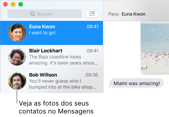 Barra lateral do app Mensagens mostrando as imagens das pessoas ao lado dos seus nomes.