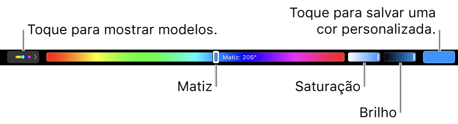 A Touch Bar mostrando os controles de matiz, saturação e brilho para o modelo HSB. Na extremidade esquerda, encontra-se o botão para mostrar todos os perfis; à direita, o botão para salvar a cor personalizada.