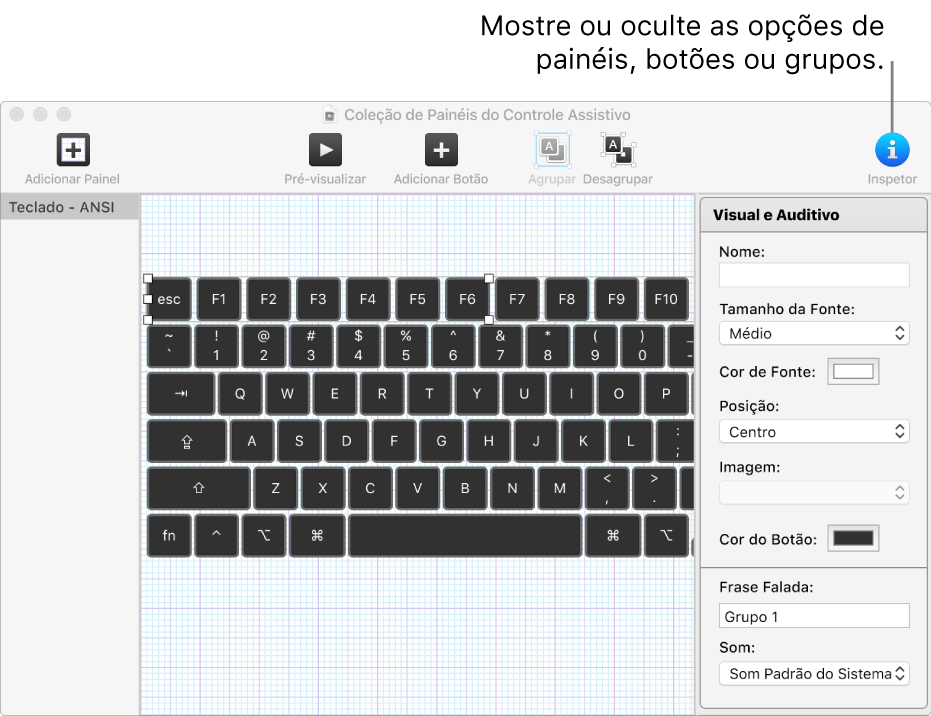 Janela de uma Coleção de Painéis mostrando o botão Inspetor à direita da barra de ferramentas para definir opções de painéis, botões e grupos.