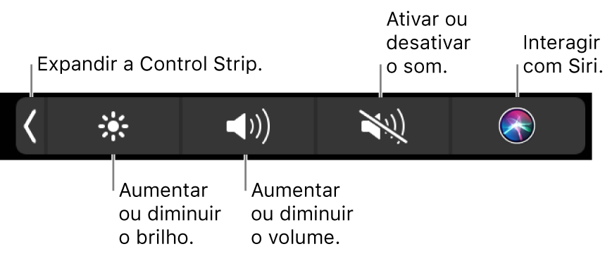 A Control Strip comprimida inclui botões, da esquerda para a direita, para expandir a Control Strip, aumentar ou diminuir o brilho do monitor e o volume, desligar ou ligar o som e efetuar pedidos a Siri.