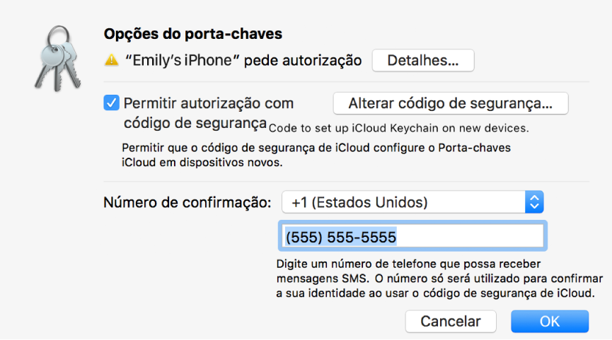 A caixa de diálogo das Opções do Porta-chaves iCloud com o nome do dispositivo que requer aprovação e um botão Detalhes junto ao mesmo.