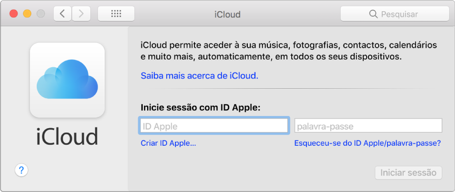 Painel Preferências de iCloud, pronto para a introdução do nome e palavra-passe de um ID Apple