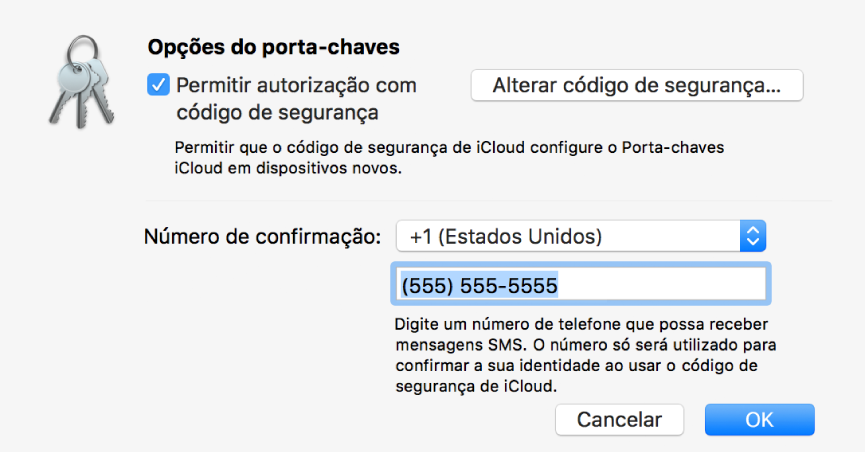 Caixa de diálogo das Opções do Porta-chaves iCloud com opção selecionada para permitir a aprovação com o código de segurança, o botão para alterar o código de segurança e os campos para alterar o número de confirmação.