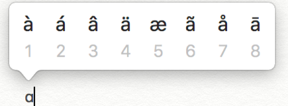 O menu de acentos da letra “a” a mostrar oito variações da letra.