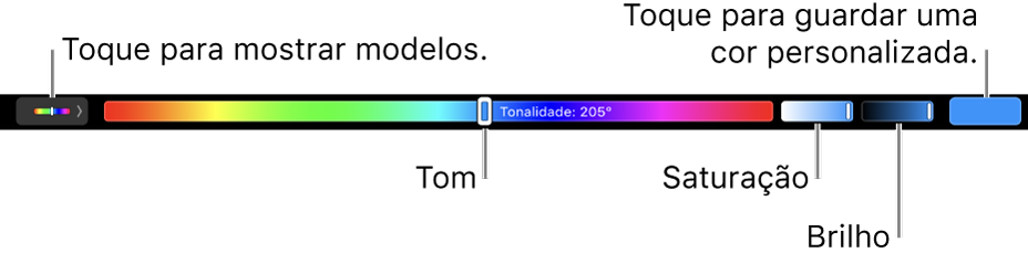 A Touch Bar a mostrar os niveladores de tonalidade, saturação e brilho para o modelo HSB. Na extremidade esquerda está o botão para mostrar todos os perfis; à direita o botão para guardar uma cor personalizada.