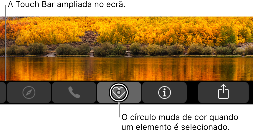 A Touch Bar ampliada na parte inferior do ecrã; o círculo sobre um botão muda quando o botão é selecionado.