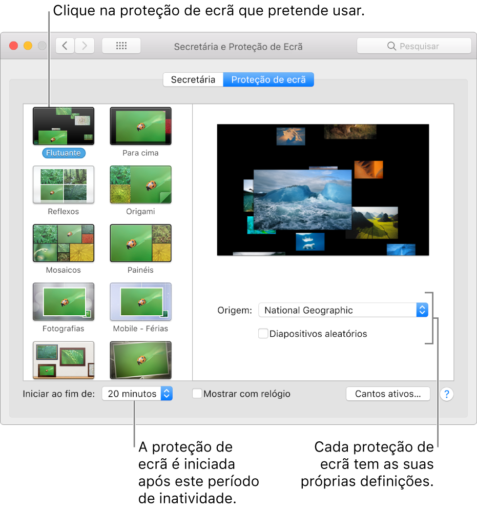 O painel Proteção de Ecrã nas Preferências do Sistema.