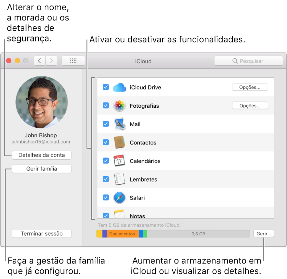 As preferências de iCloud com todas as funcionalidades selecionadas.