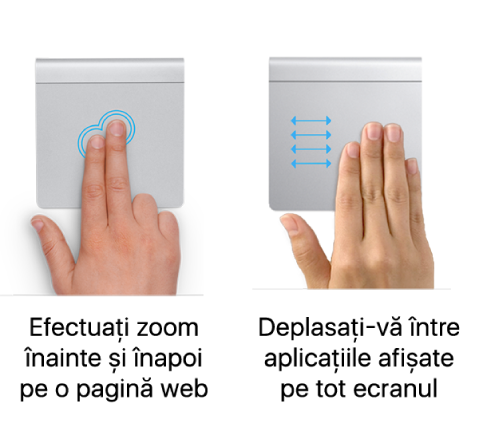 Exemple de gesturi de trackpad pentru apropiere și depărtare pe o pagină web și deplasare între aplicații pe tot ecranul.