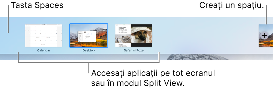 Bara Spaces prezentând un spațiu desktop, aplicații pe tot ecranul și Split View, precum și butonul Adaugă pentru a crea un spațiu.