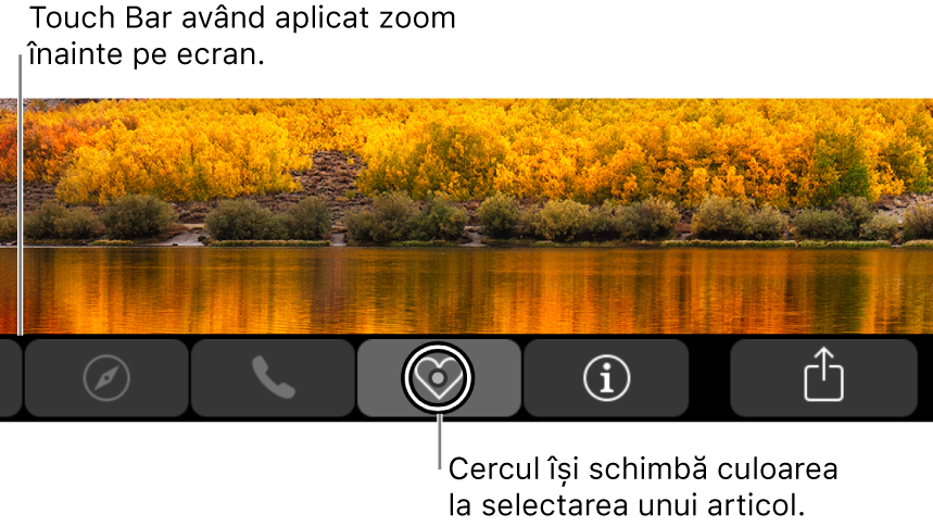 Bara Touch Bar având zoom înainte aplicat, de-a lungul părții de jos a ecranului; cercul din jurul unui buton se modifică la selectarea butonului.
