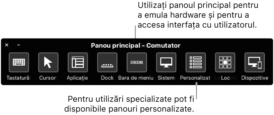 Utilizați Panou principal Control comutator pentru a emula hardware-ul și pentru a accesa interfața cu utilizatorul. Panourile personalizate ar putea fi disponibile pentru utilizări specializate.