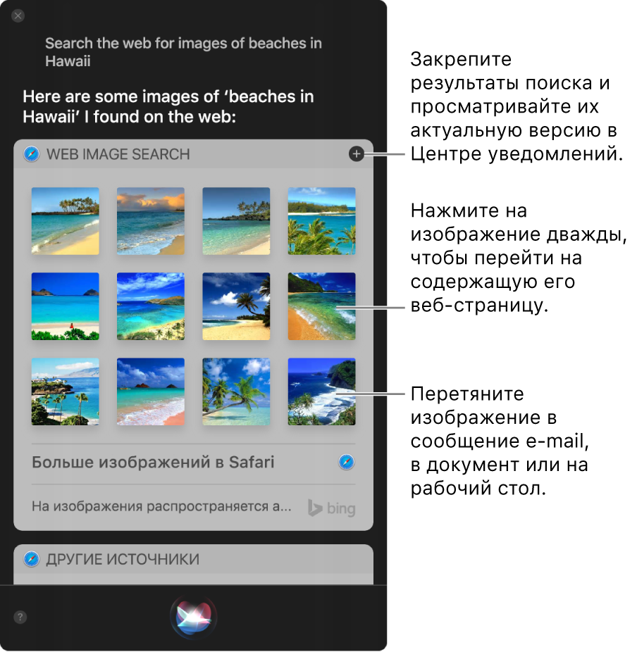 Окно Siri, в котором показаны результаты выполнения команды «Найди в Интернете изображения пляжей Гавайских островов». Можно закрепить результаты в Центре уведомлений, дважды нажать изображение, чтобы открыть содержащую его веб-страницу, или перетянуть изображение в электронное письмо, документ или на рабочий стол.