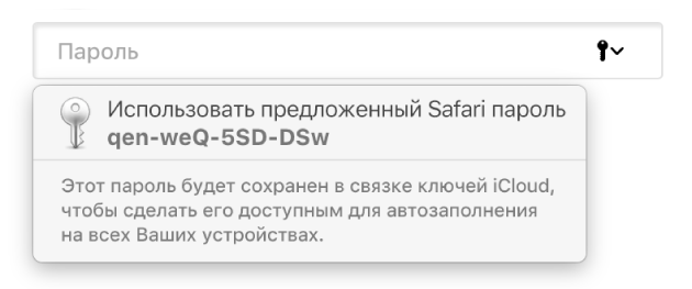 Предложенный пароль в Safari и сообщение о том, что он будет сохранен в Связке ключей iCloud и будет доступен для автозаполнения на всех устройствах пользователя.