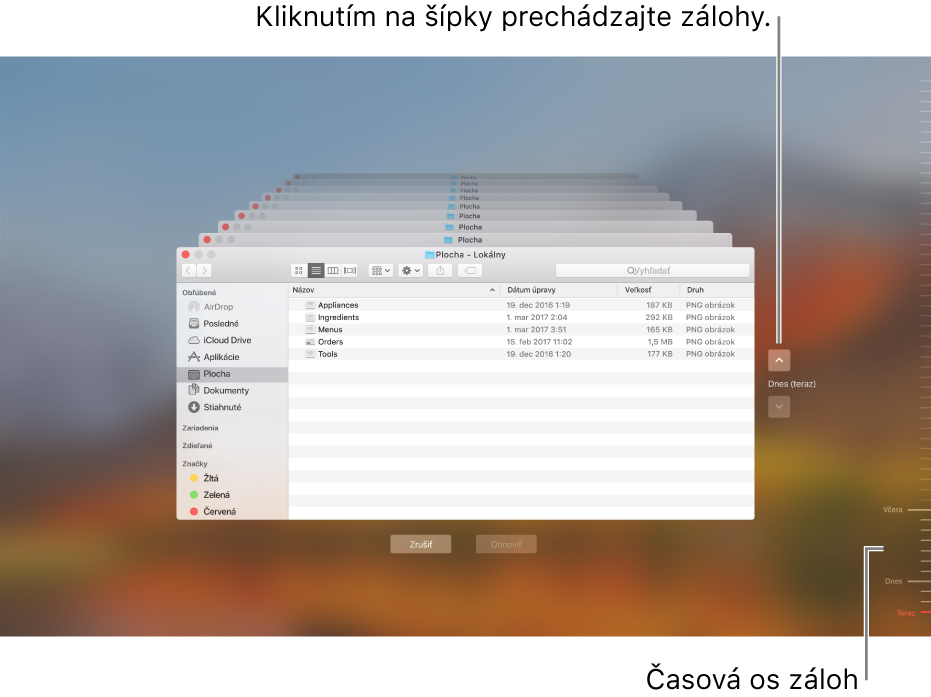 Keď otvoríte aplikáciu Time Machine, zobrazí sa rozmazaná obrazovka s viacerými oknami Findera, ktoré predstavujú zálohy. Klikaním na šípky prechádzajte zálohami (alebo kliknite na časovú os zálohy vpravo) a vyberte súbory, ktoré chcete obnoviť.