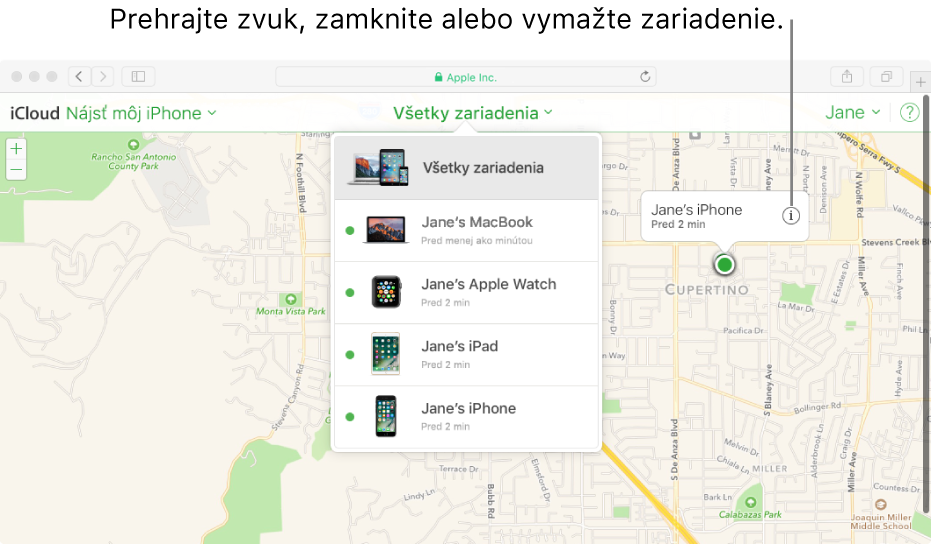 Mapa aplikácie Nájsť môj iPhone na stránke iCloud.com zobrazujúca polohu Macu.