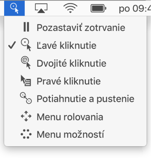 Menu stavov Zotrvania, ktorého položky zhora nadol sú: Zotrvanie pozastavené, Ľavé kliknutie, Dvojité kliknutie, Pravé kliknutie, Potiahnutie a pustenie, Menu rolovania a Menu možností.