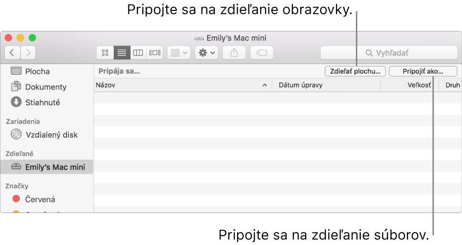 Časť Zdieľané v postrannom paneli Findera s vybraným Macom.