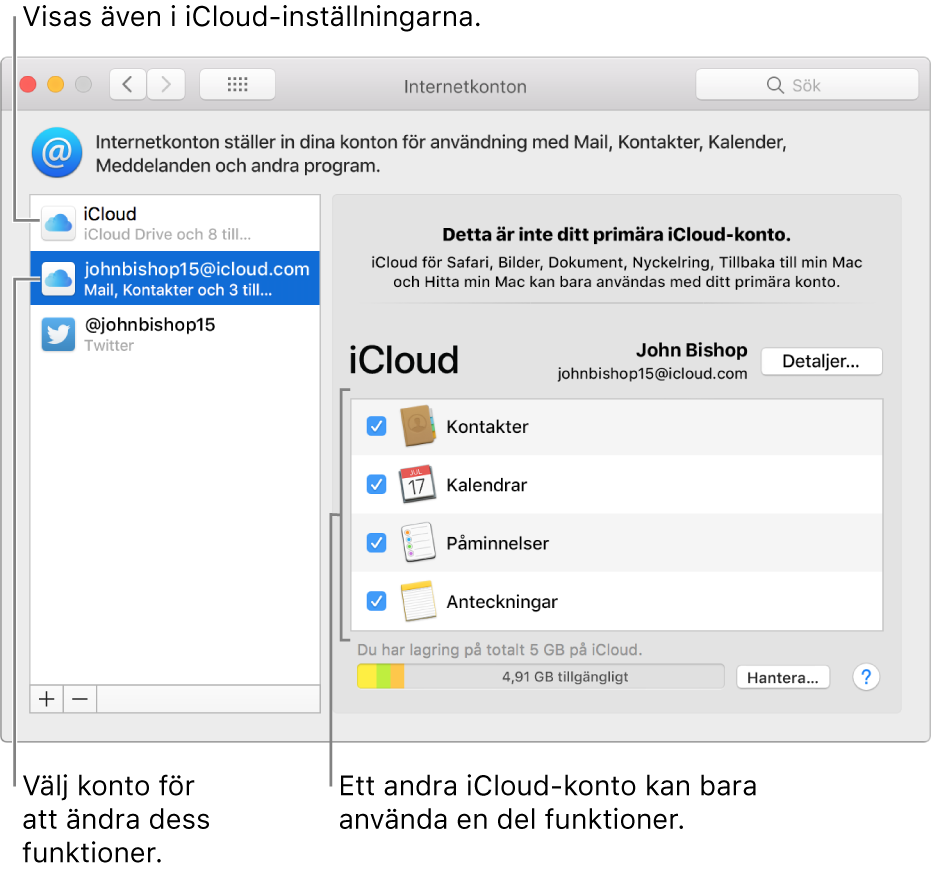 Inställningspanelen Internetkonton med två iCloud-konton. Det andra kontot, markerat i listan till vänster, visar att bara några funktioner är tillgängliga för det.