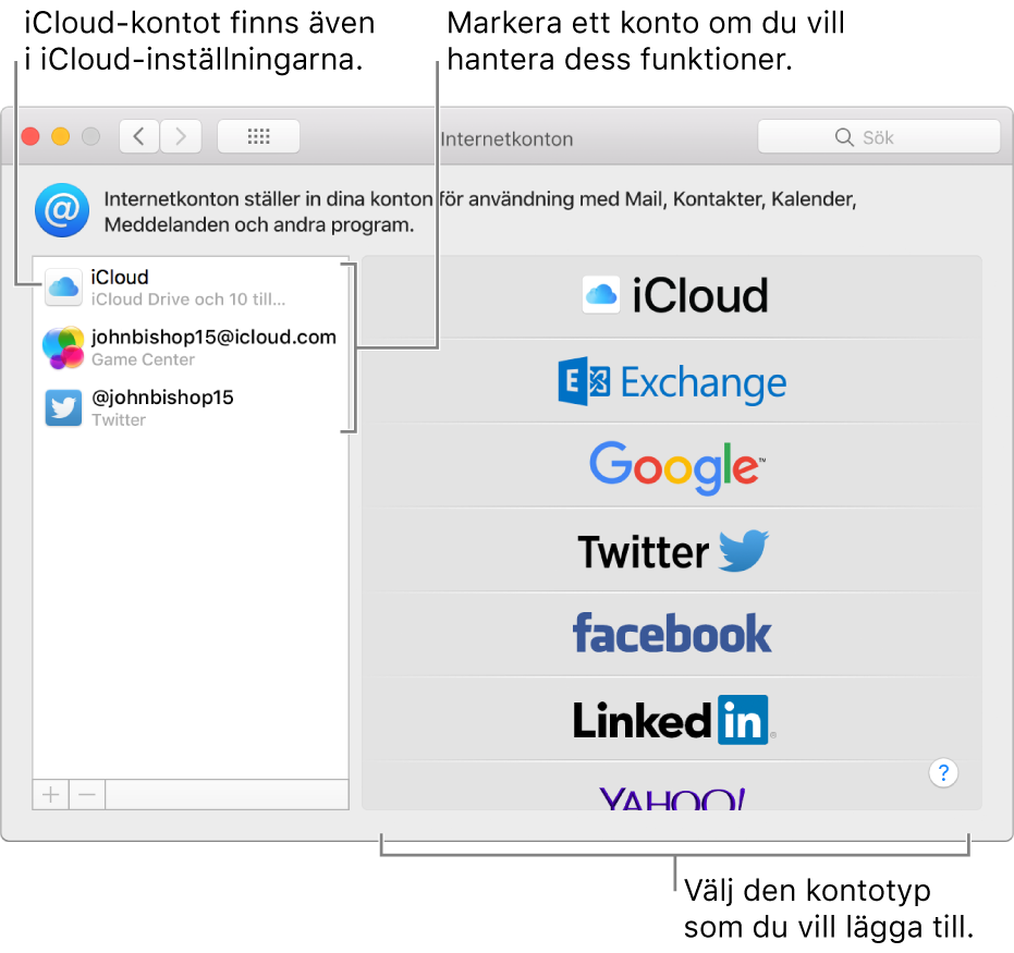 Inställningspanelen Internetkonton med iCloud- och Twitter-konton i listan till höger och tillgängliga kontotyper i listan till vänster.