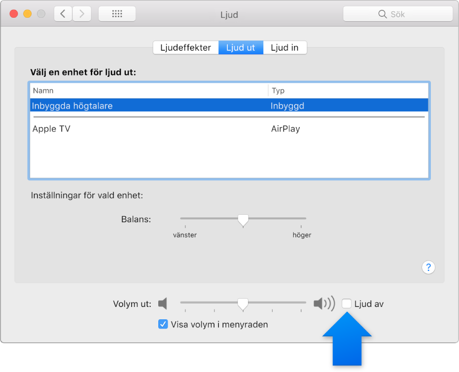Kryssrutan Ljud av längst ned i inställningspanelen Ljud.