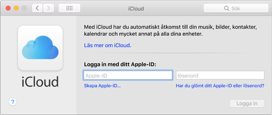 Inställningspanelen iCloud där ett Apple-ID och ett lösenord kan anges.