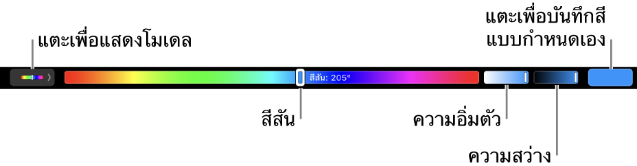 Touch Bar ที่กำลังแสดงตัวเลื่อนสีสัน ความอิ่มตัว ความสว่างของรุ่น HSB ปลายด้านซ้ายคือปุ่มเพื่อแสดงโปรไฟล์ทั้งหมด ที่ด้านขวาคือปุ่มเพื่อบันทึกสีที่กำหนดเอง