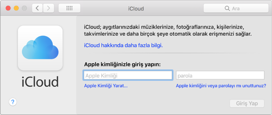 Apple kimliği ve parolası girişi için hazır iCloud tercihleri.