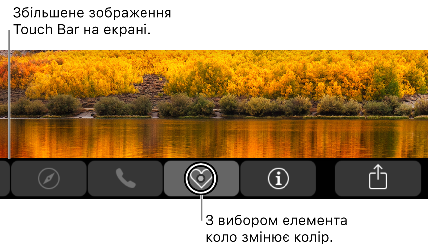 Наближена смуга Touch Bar унизу екрана; коло, яким виділено вибрану кнопку, змінюється.