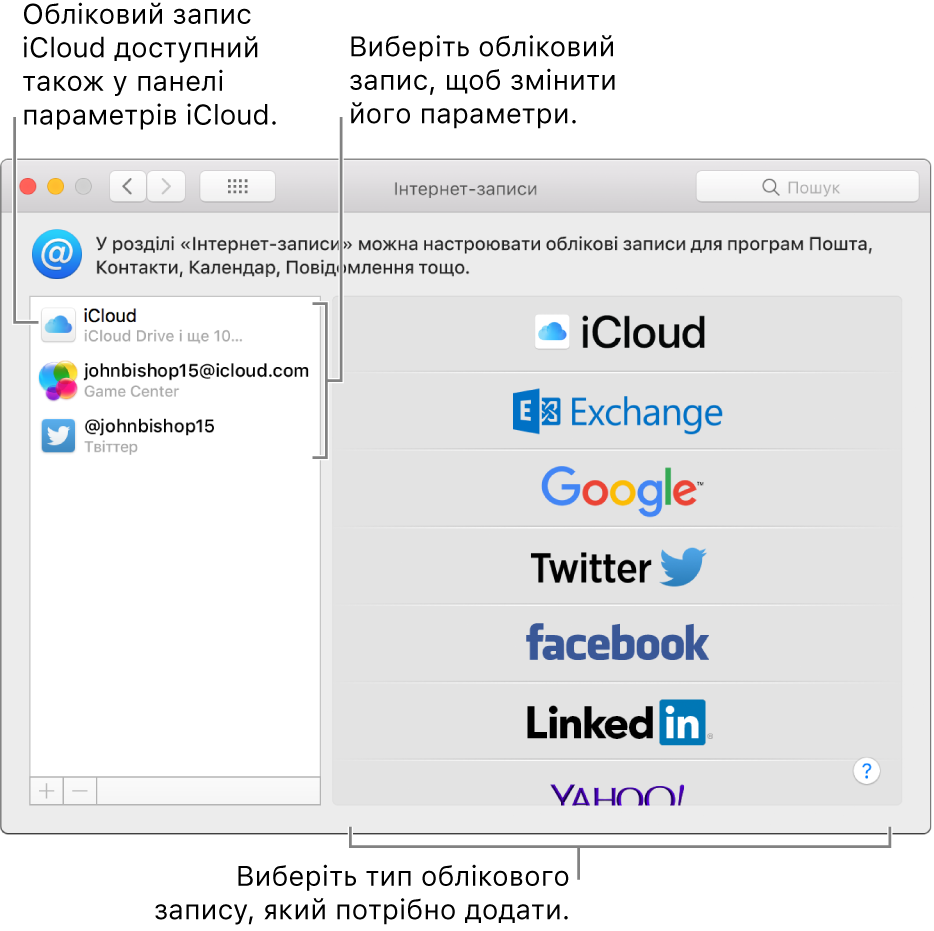 Параметри «Інтернет-записи» із обліковими записами iCloud і Twitter праворуч, доступні типи облікових записів ліворуч.