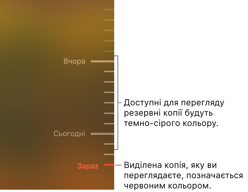 Сірі позначки на часовій шкалі резервних копій. Червона позначка вказує на резервну копію, яку ви зараз переглядаєте.
