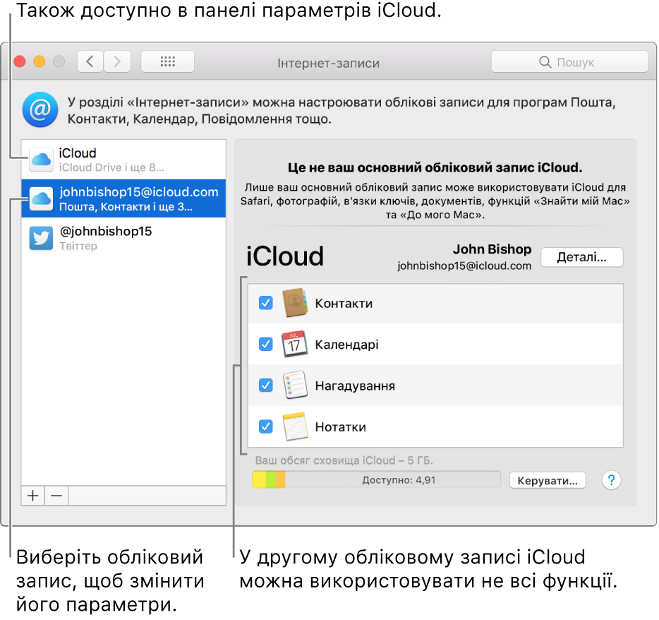Параметри інтернет-записів, у яких відображаються два обілкові записи iCloud. У другому обліковому записі, вибраному у списку ліворуч, показано, що він має лише деякі функції.