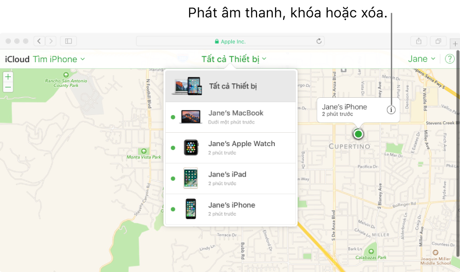 Bản đồ trong Tìm iPhone trên iCloud.com đang hiển thị vị trí của máy Mac.