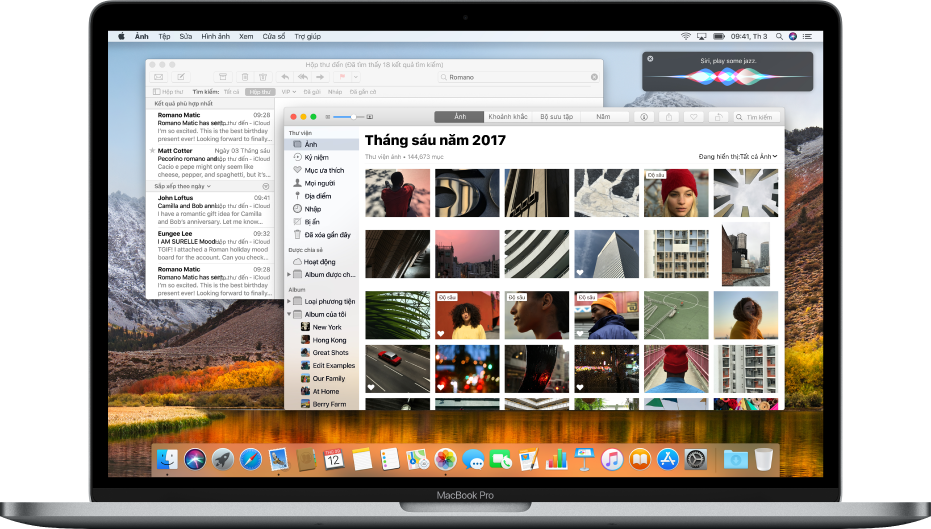 Máy tính Mac đang hiển thị các ứng dụng đang được mở trên màn hình nền.